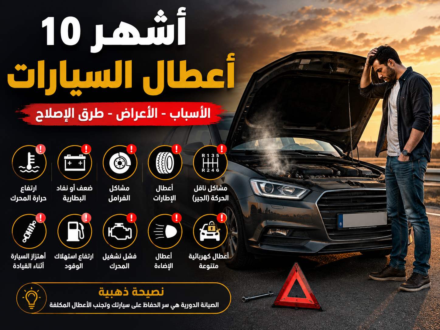 أشهر اعطال السيارات الشائعة مع سيارة متعطلة على الطريق وكبوت المحرك مرفوع وسائق يقف بجانبها، توضيح لمشاكل المحرك والبطارية والفرامل والإطارات وناقل الحركة.